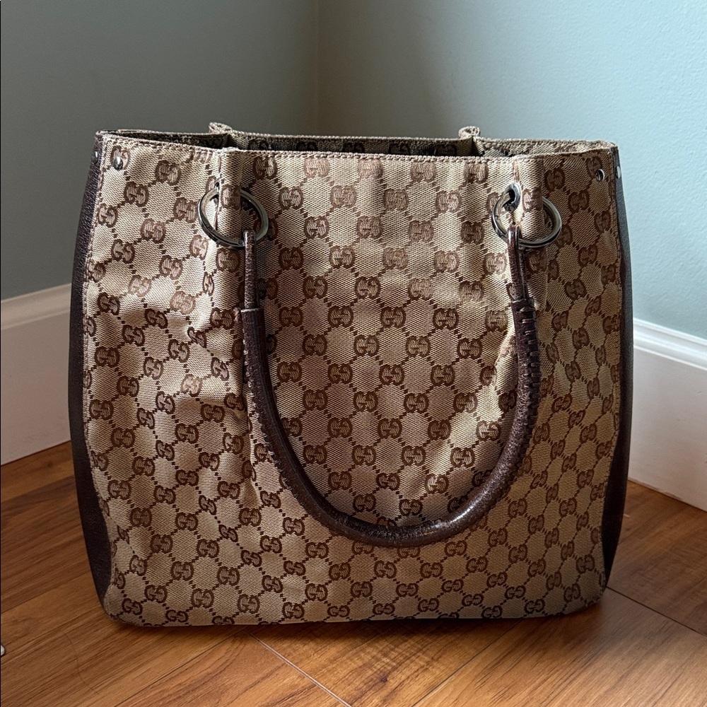 Gucci Beige and Brown GG Canvas Tote Bucket Bag